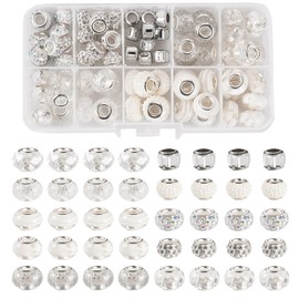 Crafans 72Pcs White Resin European Beads with Rhinestone Large Hole Rondelle Spacer Beads with Brass Cores Jewelry Beads Bulk for DIY Bracelet Necklace Earring Jewelry Making