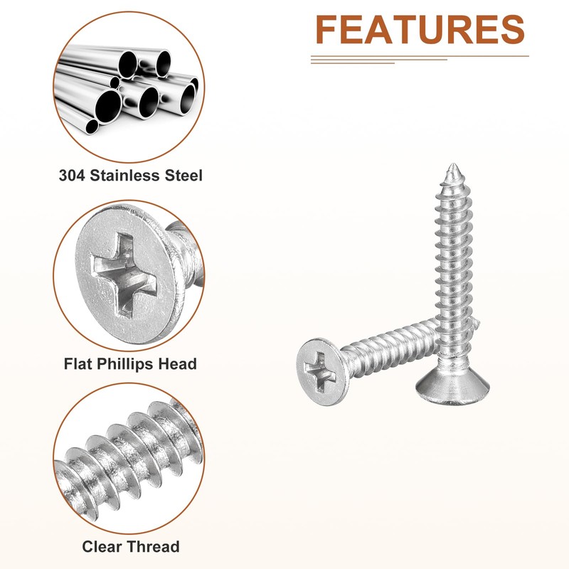 DTGN 100Pcs #8x1" Flat Head Wood Screws, 304 Stainless Steel