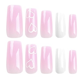 Valentine's Day Press on Nails Long Square Fake Nails with Light Pink Heart Design Glossy Solid Color False Nails Full Cover Stick on Nails Acrylic Artificial Nails Glue on Nails for Women Girls 24Pcs