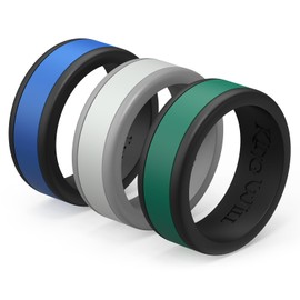 King Will Silicone Ring for Men - Comfortable and Breathable Black Gray Mens Wedding Silicone Rings with changeable Blue Green White band 3 Set Pack - 8mm Wide Rubber Wedding Bands for Men - Size 8
