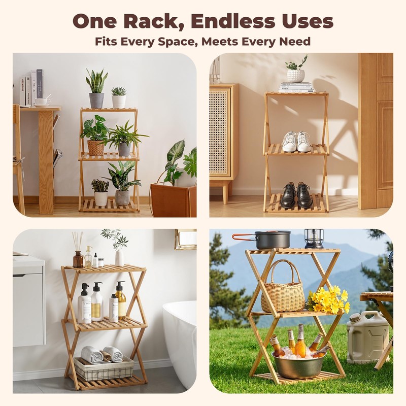 BAMHIGHS 3-Tier Bamboo Folding Shelf, Multi-Purpose Storage Rack for Shoes,