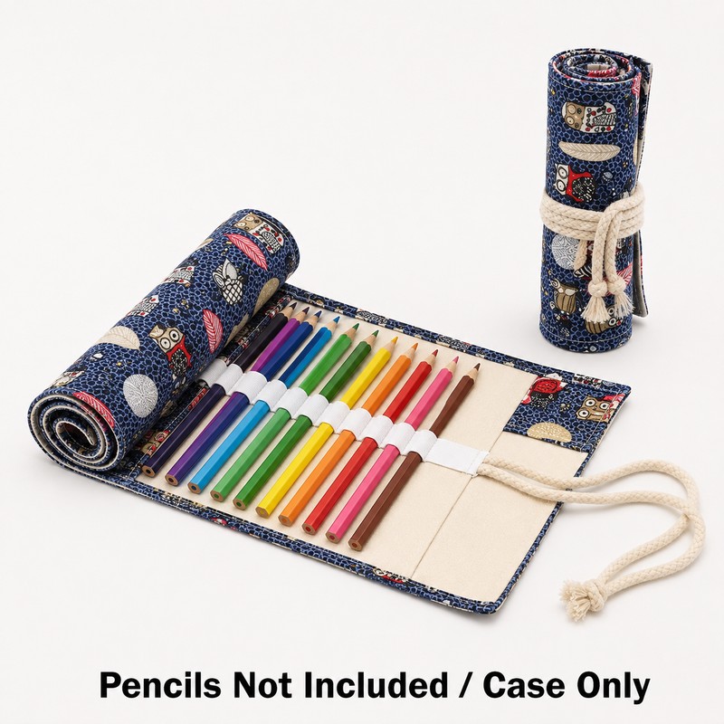 12-Slot Canvas Roll Up Pencil Case with Assorted Designs -