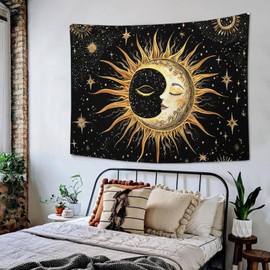 Quorin Sun and Moon Tapestry Bohemian Aesthetic Tapestries Black and Golden Boho Hanging Wall Art Decor Home Decoration for Bedroom Living Room Dorm 40"x60"