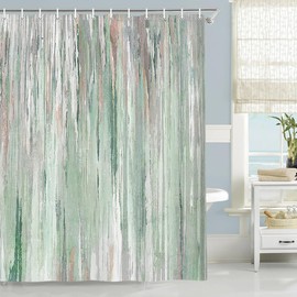 JAWO Green Abstract Shower Curtain, Sage Moss Green Modern Aesthetic Design Strip Print with Pastel Tones Celtic Tones Fabric Shower Curtain Sets for Bathroom Decor with Hooks, Slate Brown White Teal