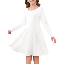 Haloumoning Girls Long Sleeve Skater Dress Kids Casual Crewneck A-Line Flowy Fall Dresses 5-14 Years White