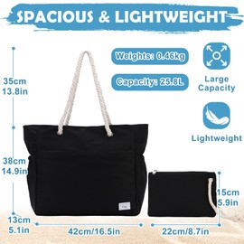 Kasqo - Bolsa de playa para mujer, grande, resistente al agua, resistente a la arena, con cierre, para gimnasio, compras de comestibles, Negro -, Talla unica