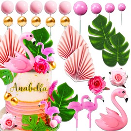 JeVenis Decoración para tarta de flamenco, hojas de palma, decoración para tarta de bolas doradas y rosadas, decoración para tartas, decoración para tartas, decoración de flamenco,