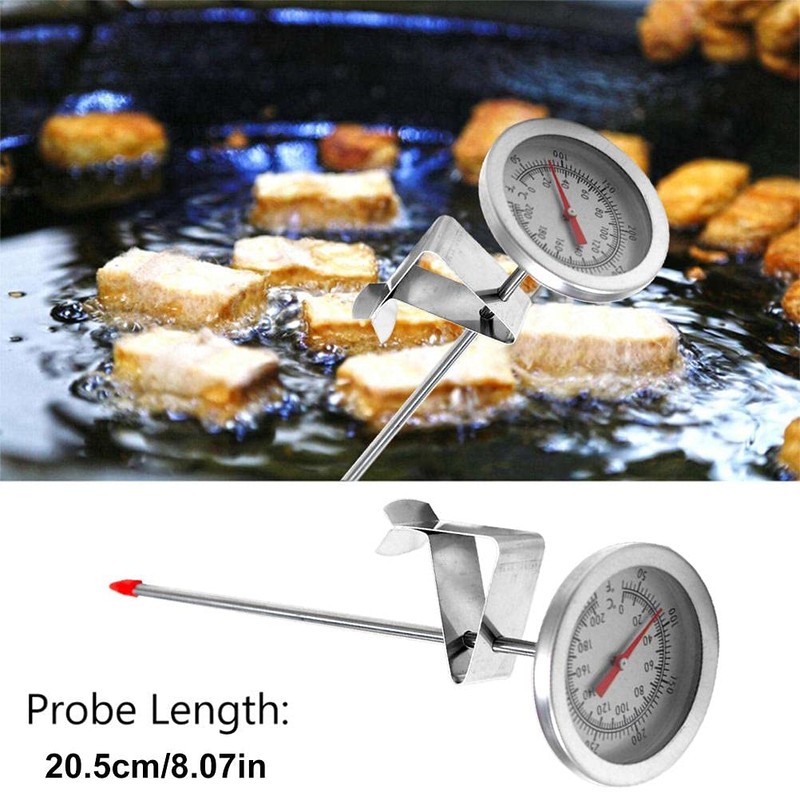 Oil thermometer with stainless steel probe, grill indicator for roasting,