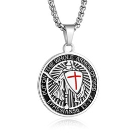 Yaumatea Knights Templar Crusader Cross Necklace, Put On The Whole Armor of God, Red Cross Pendant, Ephesians 6:13-17, Stainless Steel 24" Chain