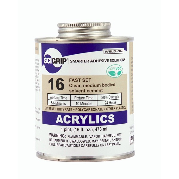 SCIGRIP 16 Acrylic Cement, Low-VOC, Medium bodied, 1 Pint Can with Screw-on Cap, Clear