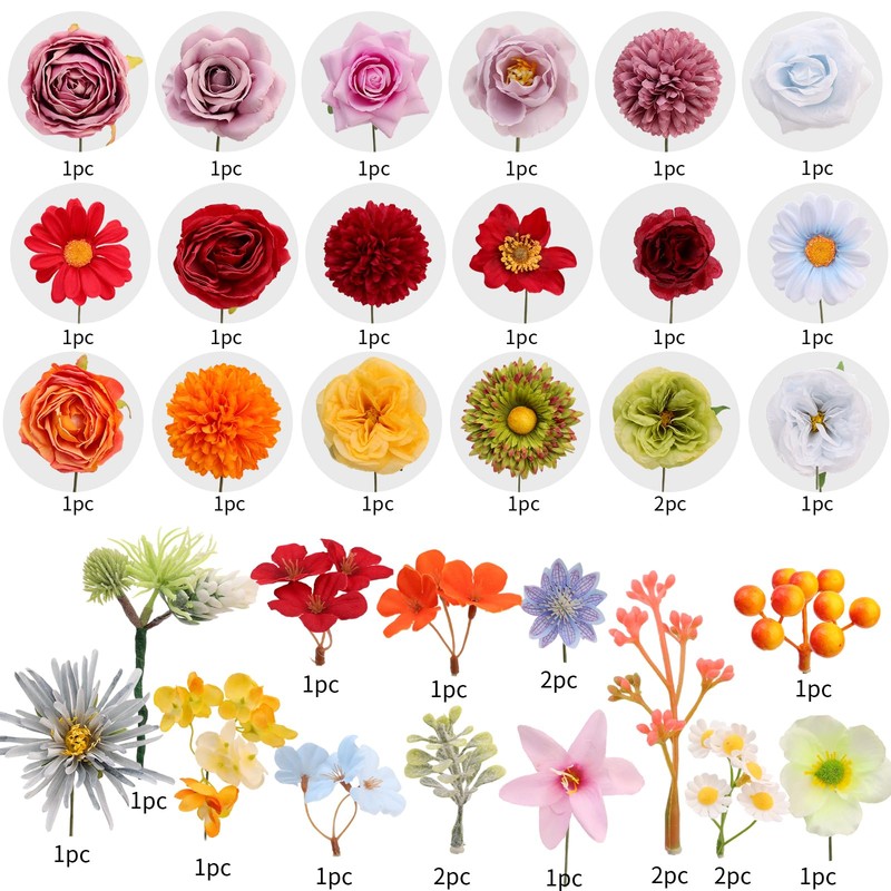Artificial Flowers Combo Box Set, 38pcs Mix Flowers Dahlia Silk