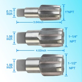 3-Piece NPT Pipe Tap Set, 1", 1-1/4", 1-1/2", NPT Tap Carbon Steel Hand Threading Plumbing Tap Set for Accurate Threads, Assorted Plumbers Mechanics DIY Thread cutting tools.