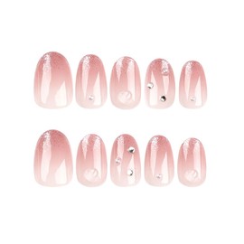 ANDGING Ombre Pink Press on Nails Oval Short Medium Fake Nails with Rhinestone Designs Almond Acrylic Manicure Glue on Nails for Wedding Full Cover Stick on Nails Gel False Nails for Women 24 Pcs