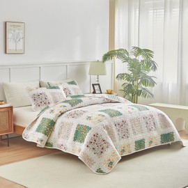 Joyreap 3 Pieces Quilt Set Full/Queen, Patchwork Floral Boho Design, Soft n Cozy Microfiber Quilt, Bedspread Bed Cover for All Season, 1 Quilt and 2 Pillow Shams- 90x90 inches