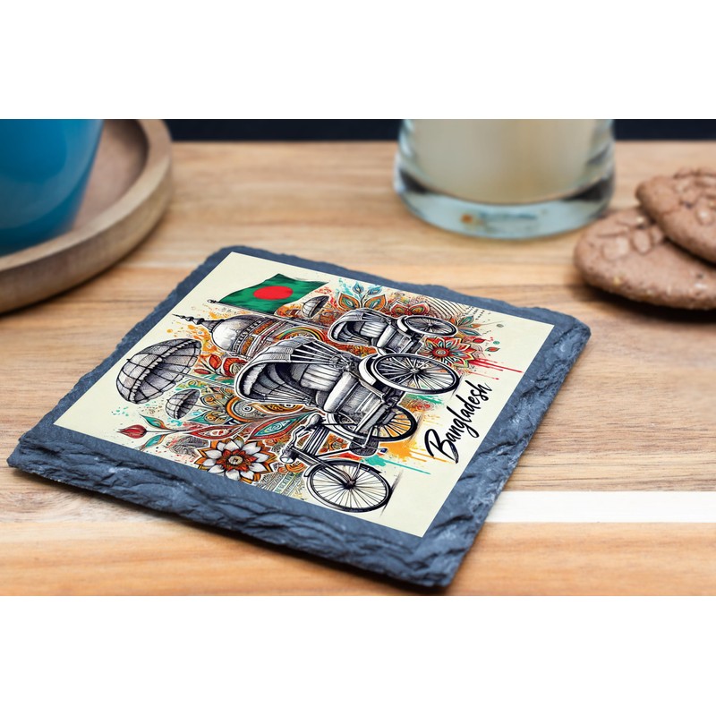 Bangladesh Rickshaw Slate Coaster with Colorful Artwork and Flag Design