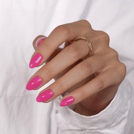 KQueenest Hot Pink Press On Nails Short Oval - Acrylic Press on Nails Short Almond, Sheer Bright Neon Pink Fake Nails with Glue, Glossy Vibrant, Reusable Soft Gel Glue on Nails for Women, 24 Pcs