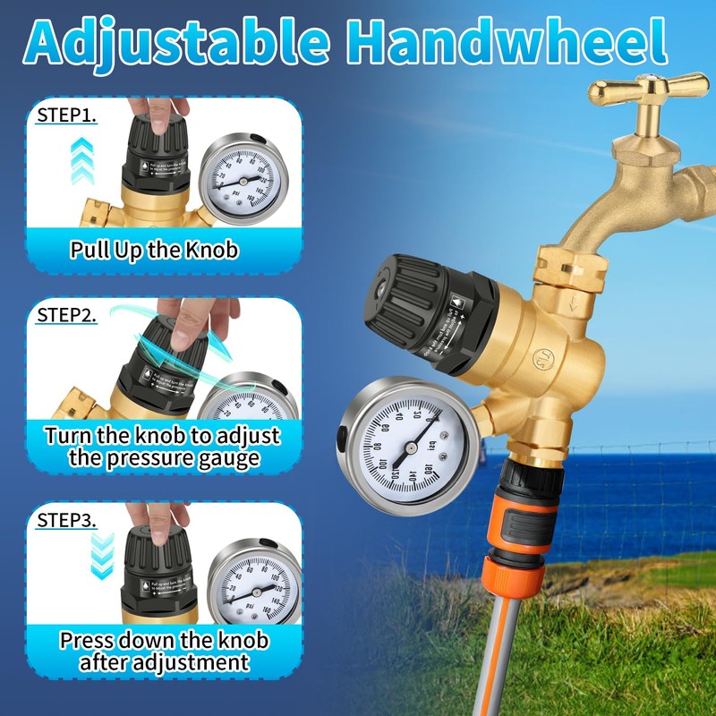 Boltigen RV Water Pressure Regulator with Gauge, Adjustable Handle Water