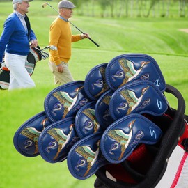 Golf Iron Club Head Covers Magnetic Right Hand Big Numbers 10pcs 4-9,P,A,S,X Blue PU Leather Crane Embroidery