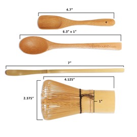 BambooMN Matcha Whisk Set - Golden Chasen (Tea Whisk) + Chashaku (Hooked Bamboo Scoop) + Tea Spoon - 1 Set - Premium Matcha Set to Prepare a Traditional Cup of Matcha