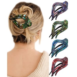 French Concord Curved Acrylic Hair Clips - 4Pcs Thick Flat Strong Hold Clips for Women (Crack Pattern: Blue/Green/Red/Purple)