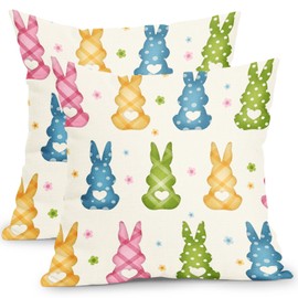 Easter Pillow Covers 18x18 Inch Set of 2 Colorful Bunny Holiday Decorative Pillowcases Rustic Farmhouse Rabbit Cotton Linen Square Cushion Case for Couch Sofa Bed