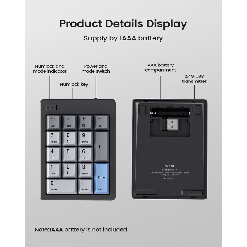 Wireless Mechanical Number Pad, Bluetooth 5.0&2.4G Wireless Dual Mode Hot