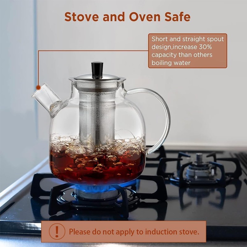 1500ml(50oz) Glass Teapot with Removable Infuser, Ehugos Stovetop Safe Large