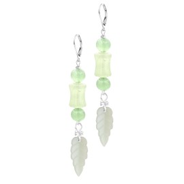 HQFJW Natural Long Dongling Jade Stone Leaf Drop Earrings,Silver Dainty Genuine Real Gemstone Quartz Crystal Dangle Earrings for Women (A01)