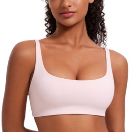 CRZ YOGA Butterluxe Spaghetti Strap Sports Bras for Women - Square Neck Yoga Wireless Low Coverage Padded Cami Crop Top Strawberry Pink Medium