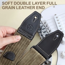 YIKOKO Guitar Strap 2 inch Corduroy Guitar Straps with Full Grain Leather End, for Bass Electric and Acoustic Guitars, Free Strap Button, 2 Strap Locks and 4 Guitar Picks