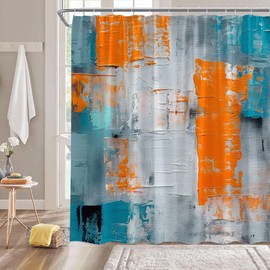 ZNLSU Turquoise Gray Orange Shower Curtain Burnt Blue Teal Orange and Gray Abstract Brushstrokes Painting Modern Art Fabric Bathroom Curtain Sets with Hooks