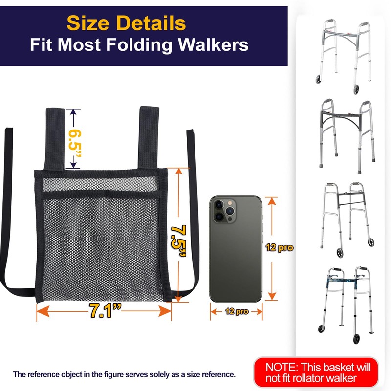 Aliseniors Walker Side Bag, Lightweight Folding Walkers Accessories Pouch, Side