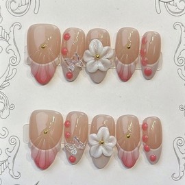 Flower Press on Nails Medium Almond Handmade Fake Nails Pink White Gradient French Tip Acrylic Nails Thick and Muti-Layer Gel False Nails 3D Floral Butterfly Design Nails DIY Art for Women (Size M)