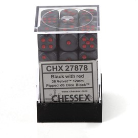 Chessex Dice d6 Sets: Velvet Black with Red - 12mm Six Sided Die (36) Block of Dice