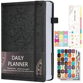 Leather Daily Planner 2023-2024 Deluxe Undated Weekly & Monthly Life Planner to Hit Your Goals & Live Happier. Organizer Notebook & Productivity Journal. A5 Hardcover, Undated – Start Any Time + Stickers(Black)