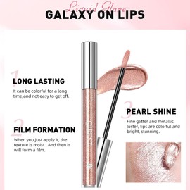 Glitter Lip Gloss Metallic Diamond Glitter Liquid Lipstick Pink Shimmer Lipstick Waterproof Lightweight Soft Metallic Eyeshadow Lipgloss Long-Lasting Nonstick Cup Pink Lip Gloss Shiny And Sparkle