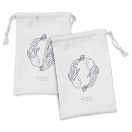 Lunarable Zodiac Pisces Fabric Pouch Set of 2, Marine Life Fish Doodle with Scales Pattern Astrology Themed Illustration, Small Drawstring Bag for Toiletries Masks and Favors, 9" x 6", Bluegrey White