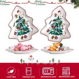 6 Inch Holiday Tree Shape Ceramic Dessert Plates, New Bone Porcelain Christmas Serving Tray Platter Dish with Watercolor Christmas Decoration, for Snack Cookies and Candy, Set of 2, Green Xmas Tree
