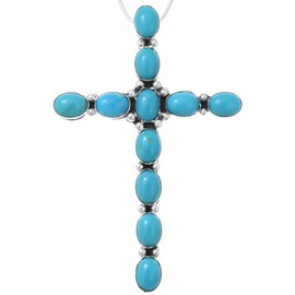 Navajo Blue Turquoise Cross Sterling Unisex Pendant With Silver Bead Necklace 0164