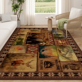 Vintage Cabin Area Rugs for Living Room 5'x7', Non Slip Machine Washable Rustic Lodge Bear Rug Carpet for Dining Floor Bedroom Office Indoor, Farmhouse Rustic Living Room Decor