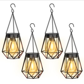 KOOPER 4 Pack Hanging Solar Lanterns Outdoor Waterproof, Metal Solar Powered Lantern Lights, Bright Diamond Shape Lantern with Hook, Outdoor Decorative Lanterns for Patio Porch Garden Yard Decor Gift