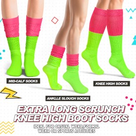 Geyoga Neon Slouch Socks,80s 90s Neon Women's Leg Warmers Extra Long Slouch Socks Soft Scrunch Knee High for Party(Neon Green,Rose)