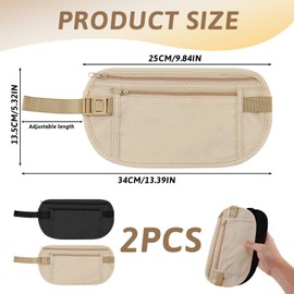 2 Pcs Secure Travel Money Belt, Anti-Theft Waterproof Pouch Hidden Passport Holder, Adjustable Elastic Stealth Wallet for Men & Women, Undercover Bum Bag, Secure Waist Pack for Travel, Dog Walking
