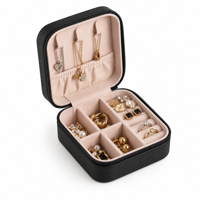 Portable Jewelry Case, PU Leather Travel Box, Earring and Ring