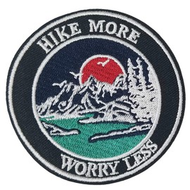 Hike More Worry Less 3.5" Embroidered Premium Patch DIY Iron/Sew-on Decorative Vacation Souvenir Applique Mountain Stars Bear Wolf Wander Camp Hike Trail Name Tag Custom Explore Nature National Park