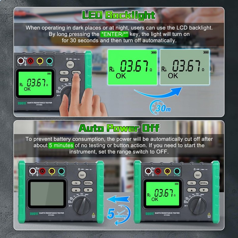 DUOYI Earth Ground Resistance Tester 0.03-2000Ω Soil Resistivity Meter,Upgraded Earth