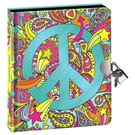 Peaceable Kingdom Paisley Peace Sign Foil Cover 6.25" Lock and Key Diary with Black Pages and Silver Pen
