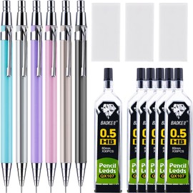 RVSWIHFA 15 Pieces Mechanical Pencil Set 0.5 mm, Assorted Colors, 6 Pieces Mechanical Pencils and 6 Tubes Refills with 3 Pack Erasers for Office and School