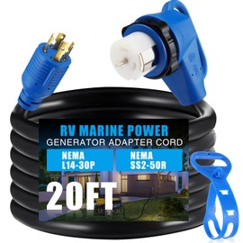 Kanayu 20ft L14-30p to Ss2-50r Rv Marine Power Generator Adapter Cord, 30a 4 Prong Locking Generator L14-30p Male to 50a Marine Shore Power 90 Degree Right Angle Ss2-50r Female, Etl Listed