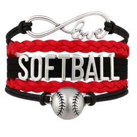 Infinity Collection Love Softball Bracelet – Red & Black Faux Leather Braided Wrap Bracelet with Softball Charm – Adjustable Fit – Sports Jewelry Gift